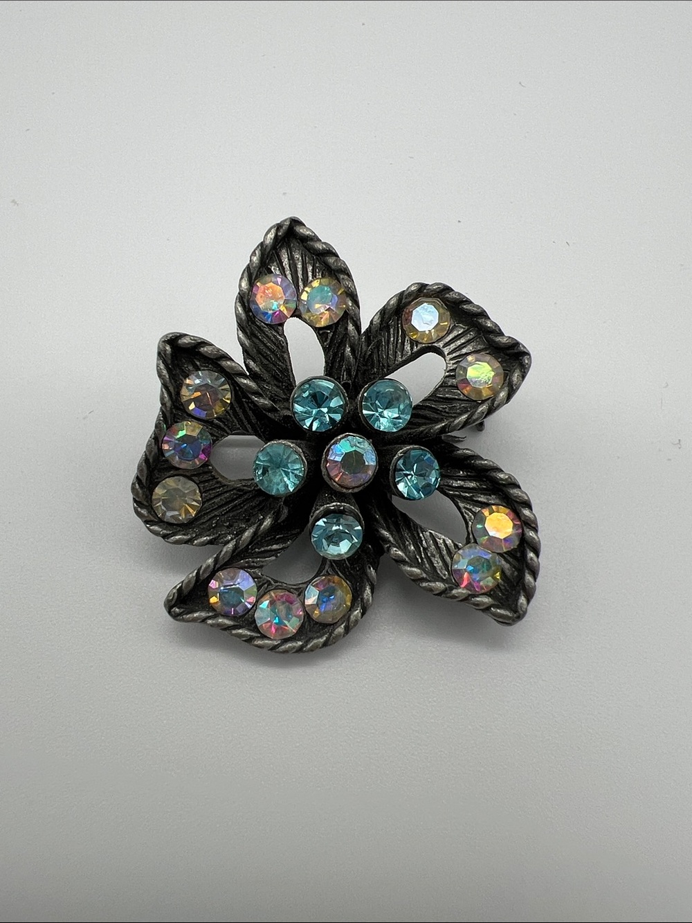 Aurora Borealis and Blue Crystal Floral Brooch - Women Jewelry